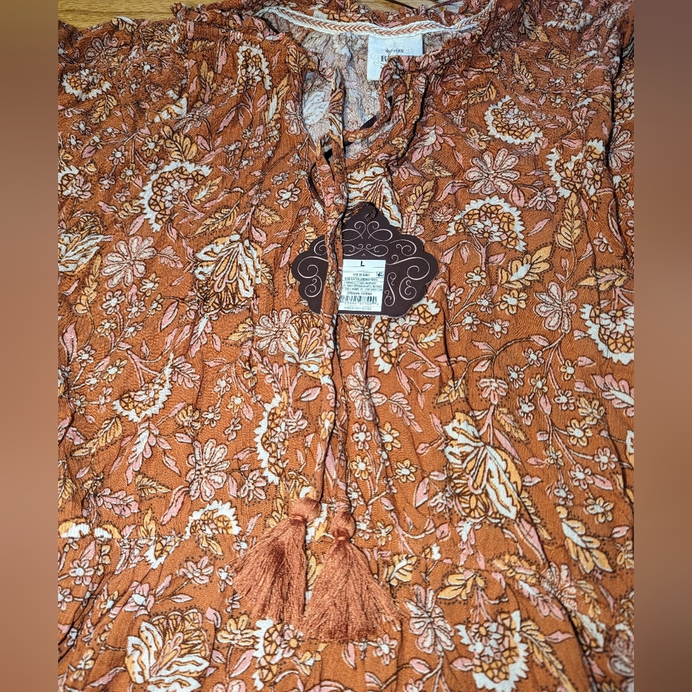 LARGE Iced Latte Flutter Short Sleeve Smocked Dress Pockets Knox Rose Floral - Picture 4 of 10